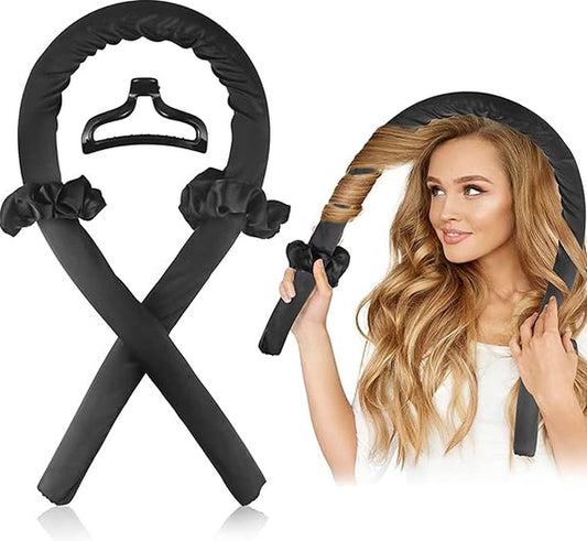 Zwarte heatless curls set met krulband, twee scrunchies en haarklem