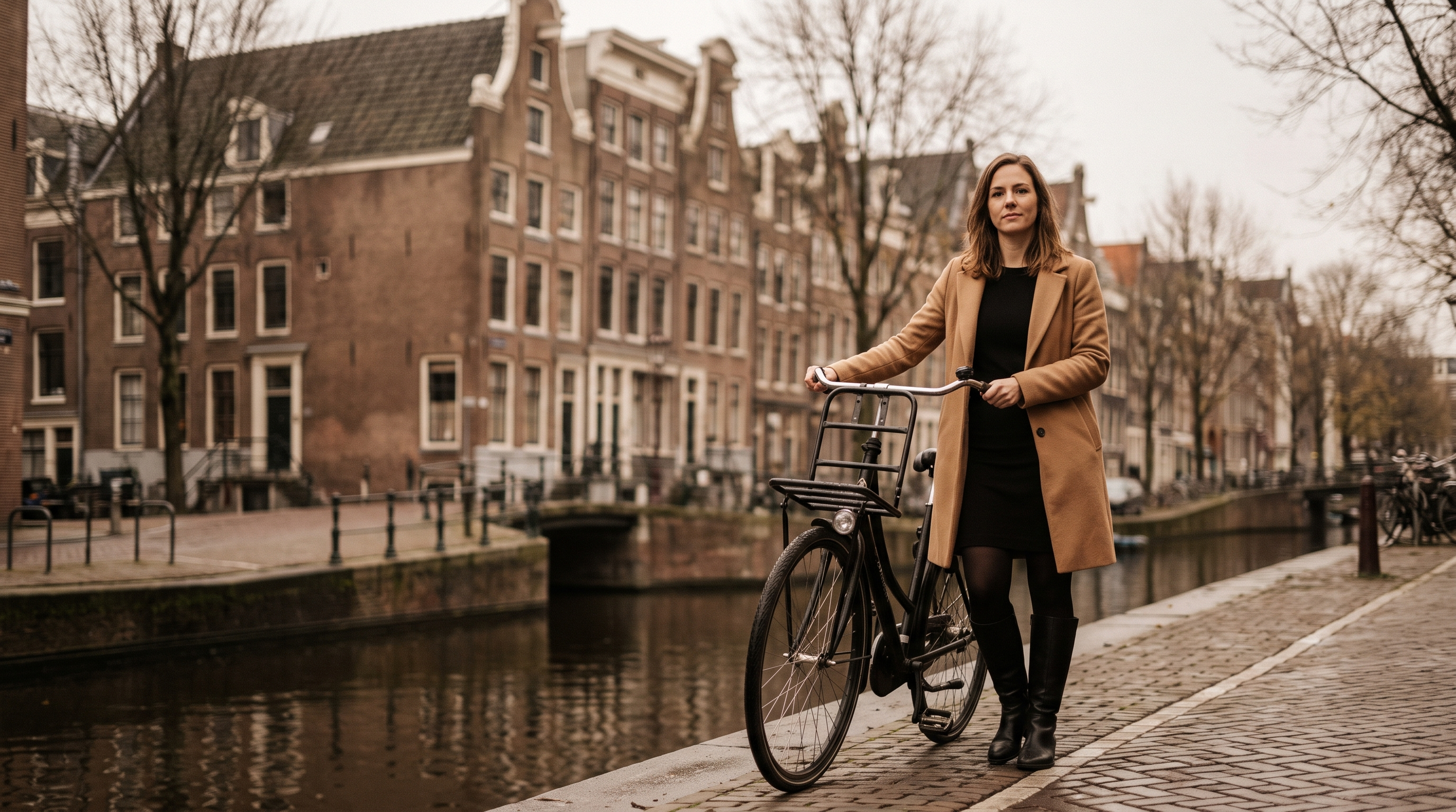 Vrouw met fiets aan de gracht in camel jas, zwarte jurk en thermolegging