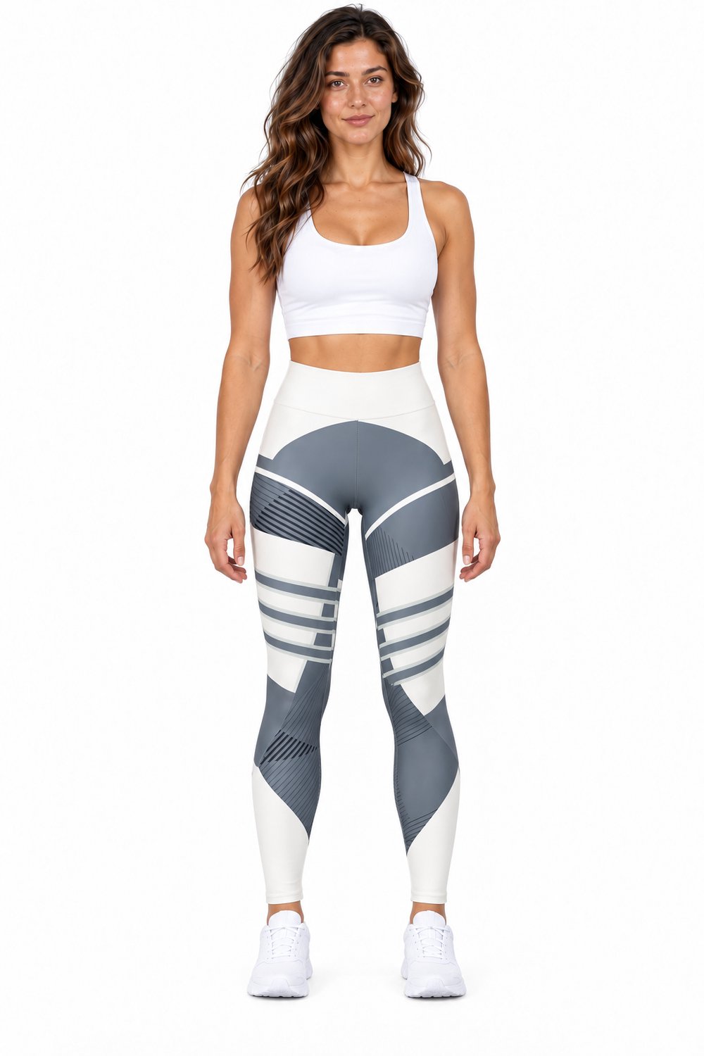 Stylish Hoge Taille Sportlegging in wit met grijs-zwarte print