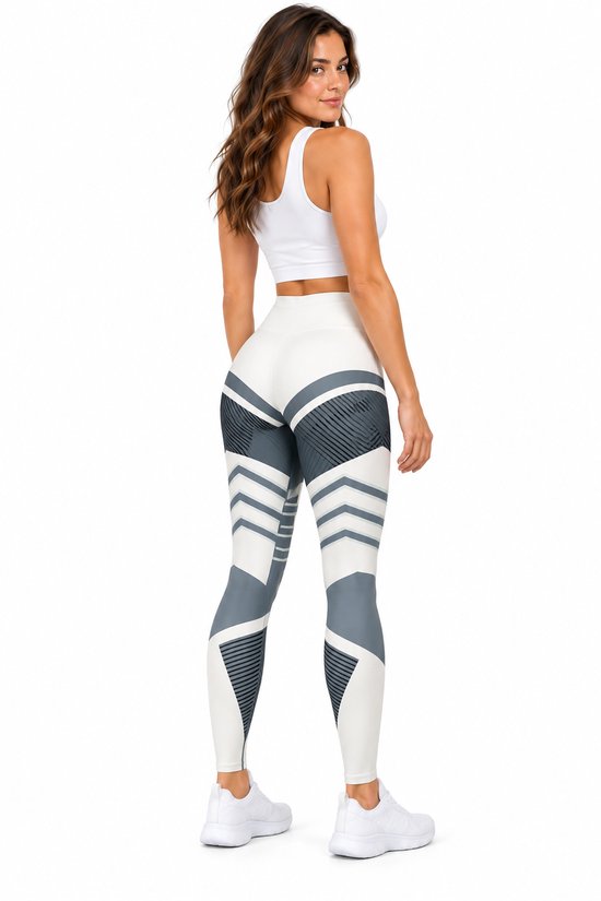 Stylish Hoge Taille Sportlegging in wit met grijs-zwarte print