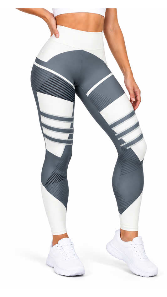 Stylish Hoge Taille Sportlegging — vooraanzicht wit-grijs