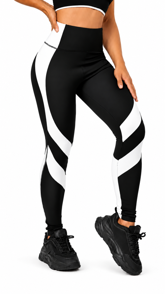 Trendy Zebra Hoge Taille Sportlegging — vooraanzicht zwart-wit